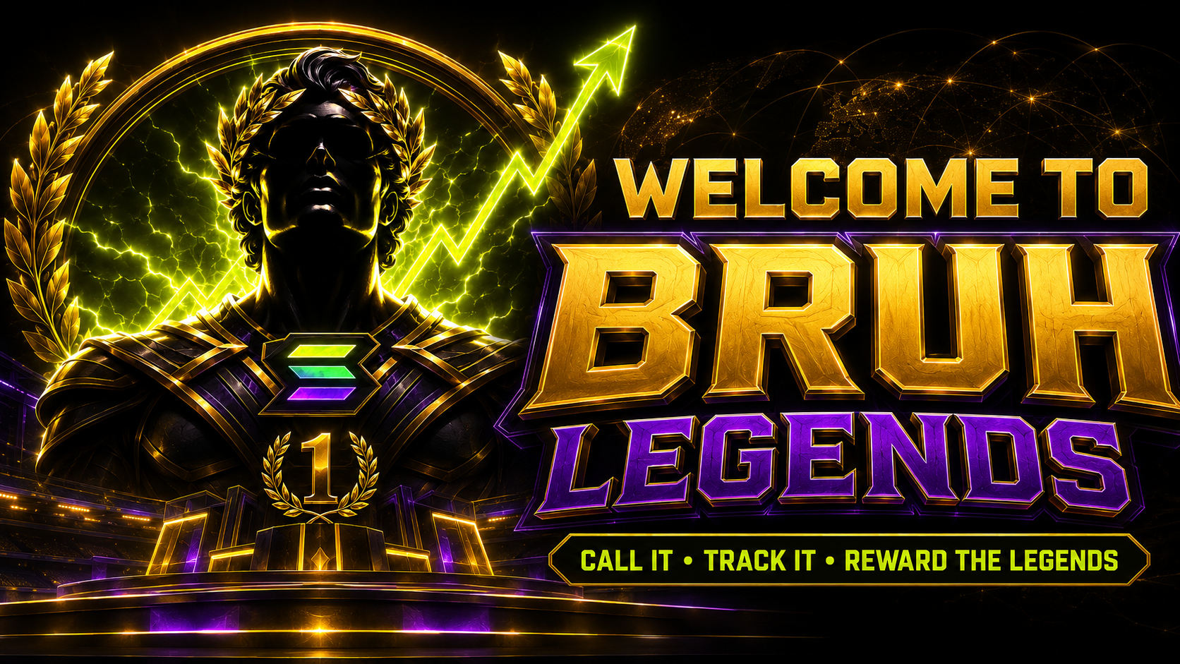 BRUH Legends — a laurel-crowned Solana champion above a golden arena
